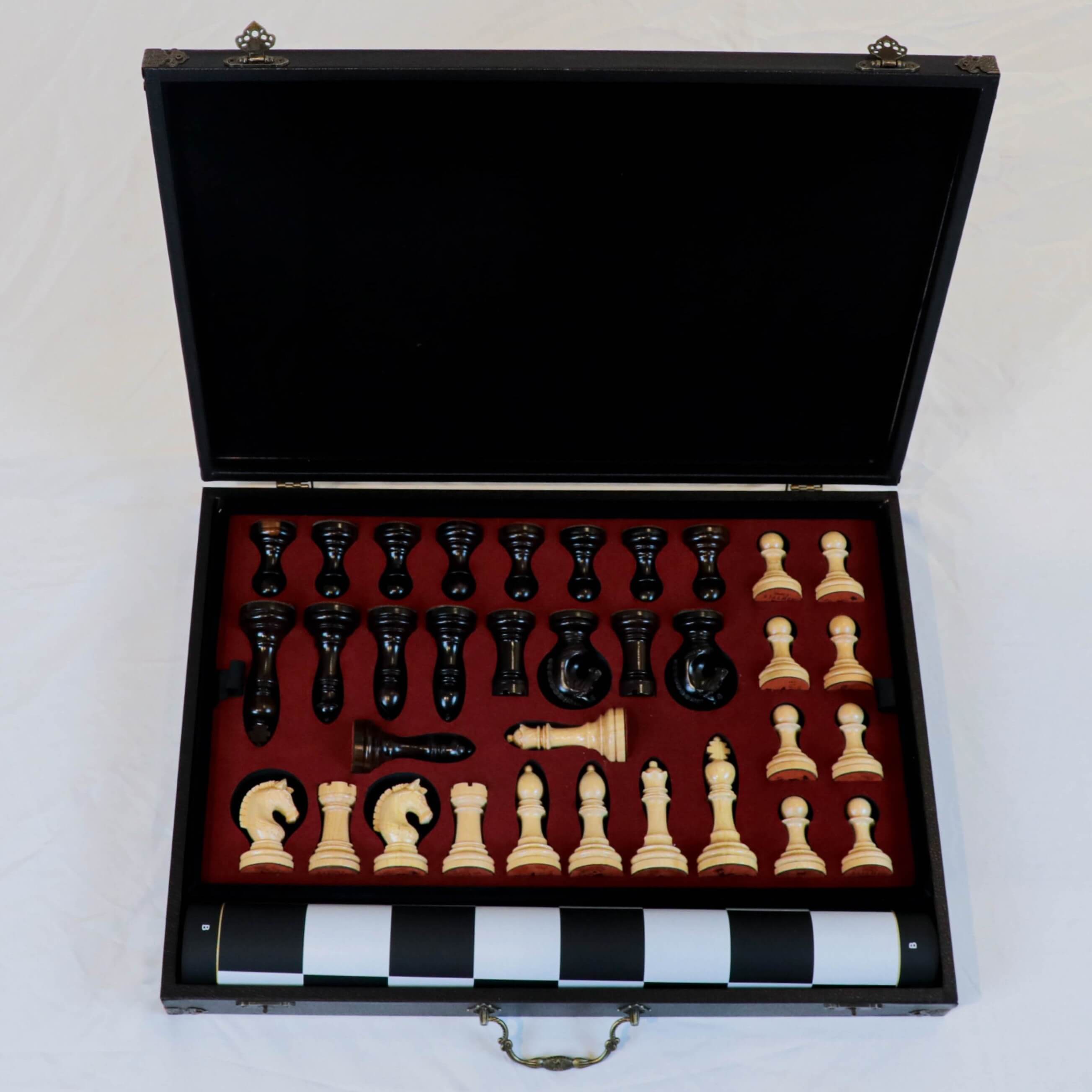 Ebony and Maple Wood Chess Set with Suede Base - Leather Chess Board and Storage Box - Luxury Wooden Chess Set