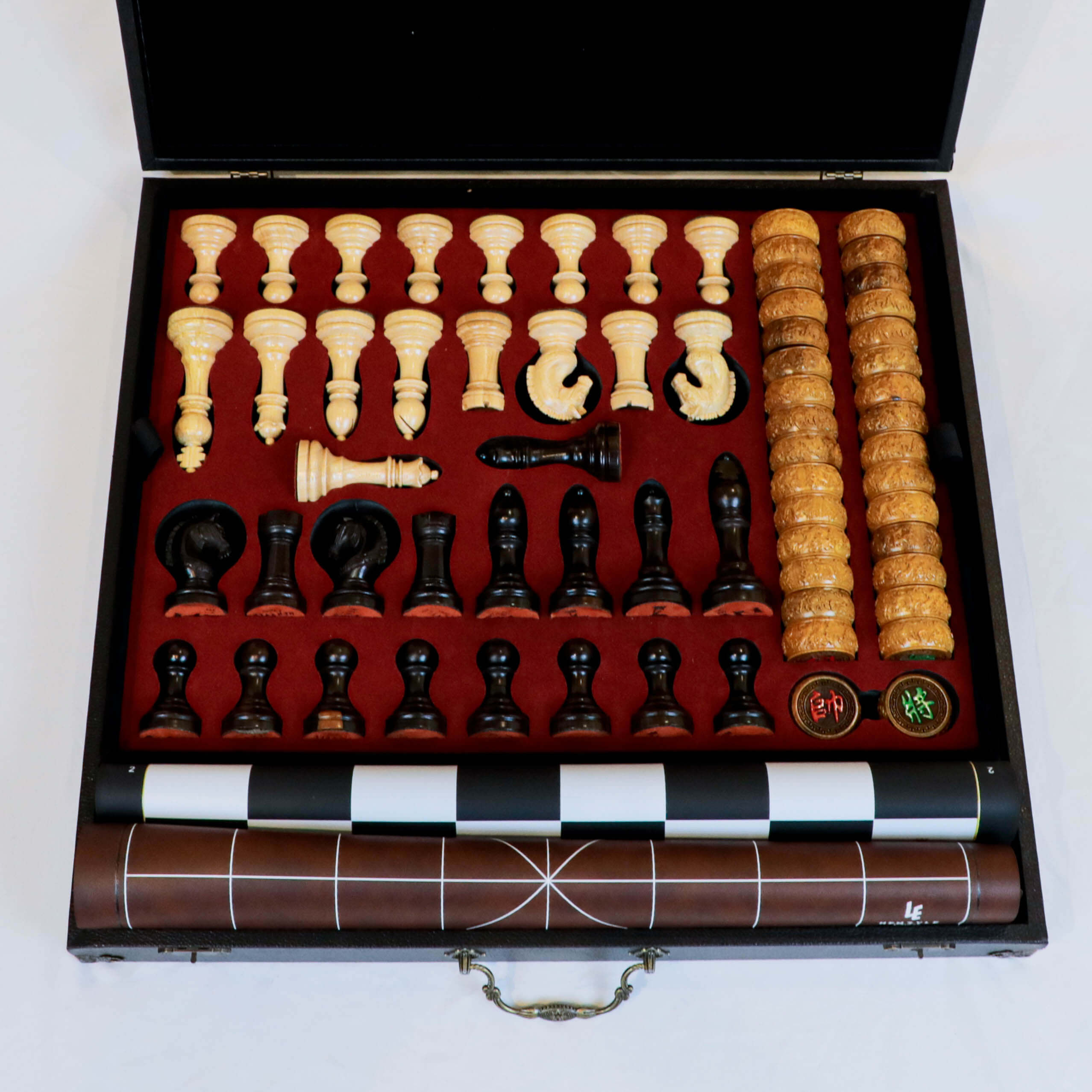 International Wooden Chess & Chinese Chess Combo Set - Leather Board - Leather Box