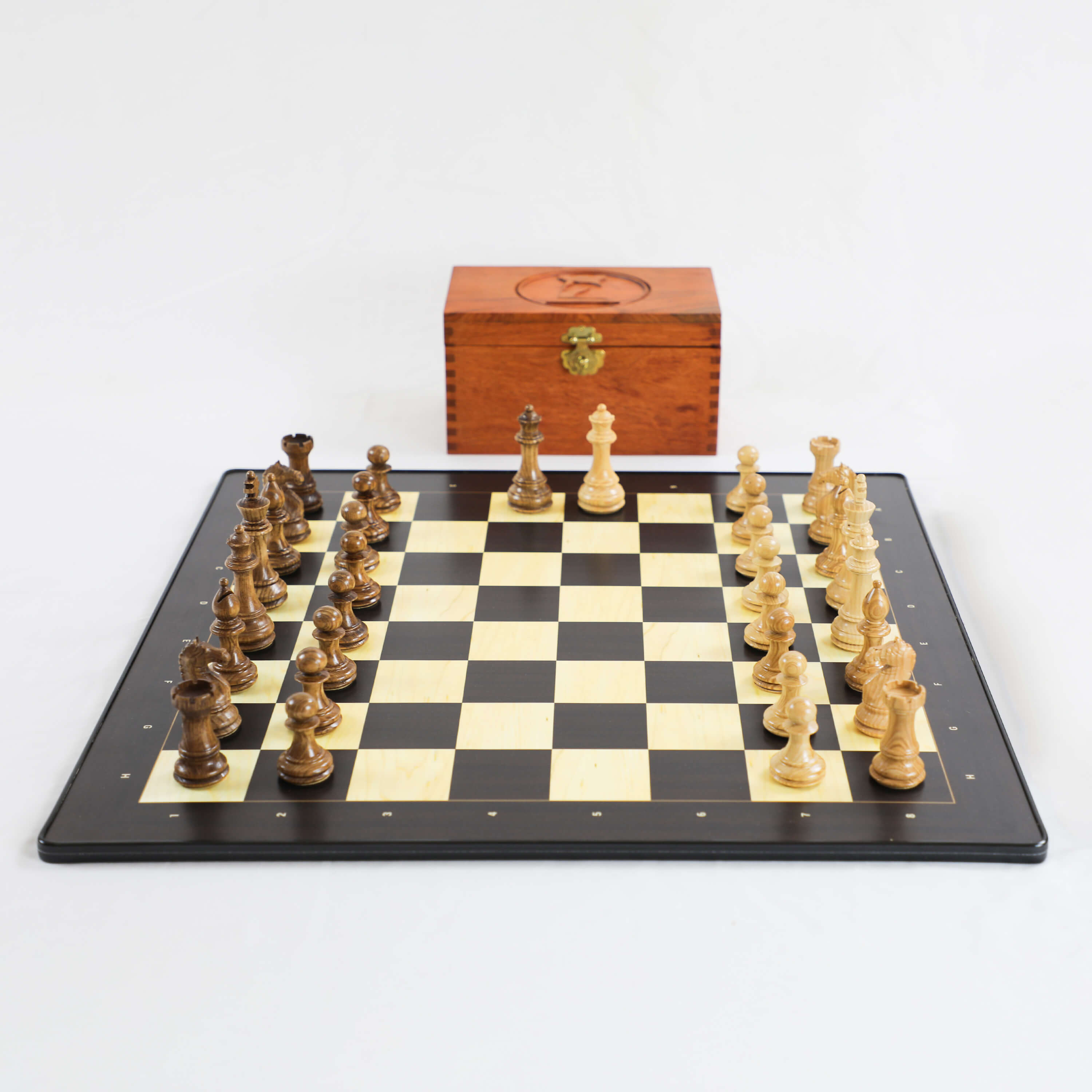 Standard Ebony & Ash Wood Chess Pieces with Wooden Chess Box and Flat Chess Board